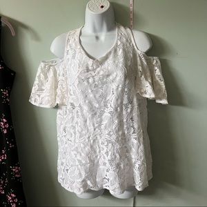 White lace cold shoulder Cottagecore flutter blouse top m